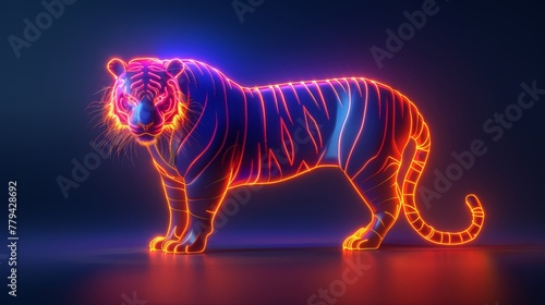 3D render of glowing neon tiger symbol on a randomly colored background © MAY