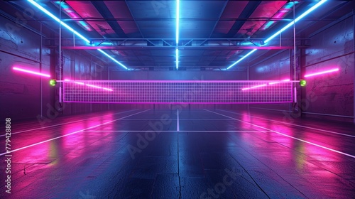 3D render of glowing neon volleyball court on black background, in the style of vibrant