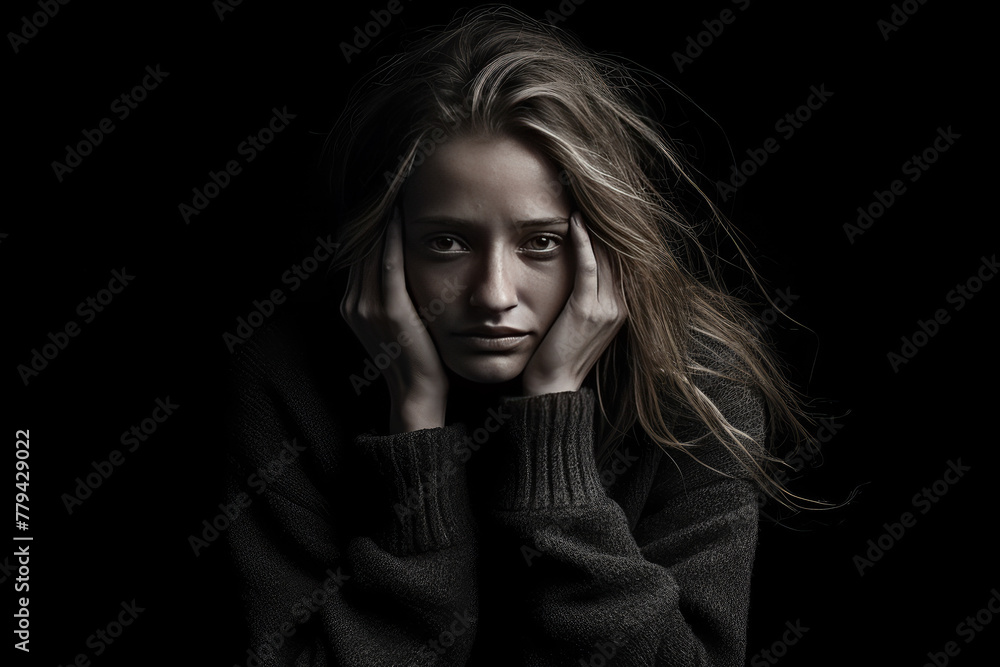Portrait of a Troubled Young Woman with a Sad Expression in Dramatic Dark Lighting