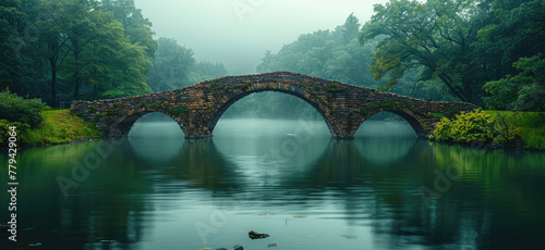 A photograph of an ancient stone bridge with three arches, reflecting in the calm water below it. Created with Ai