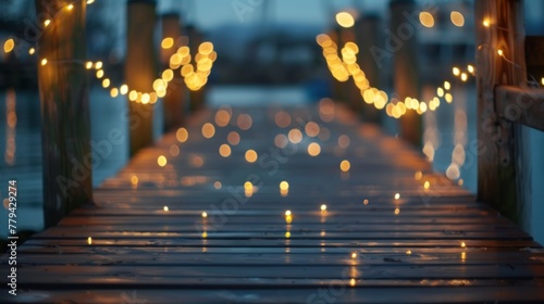 Evening ambiance on a wooden pier with twinkling lights and a wooden platform background