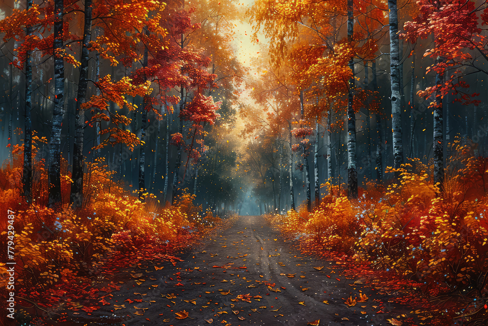 Autumn in the forest, Beautiful path in forest. Created with Ai