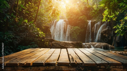 Golden hour on a wooden platform background by a picturesque waterfall