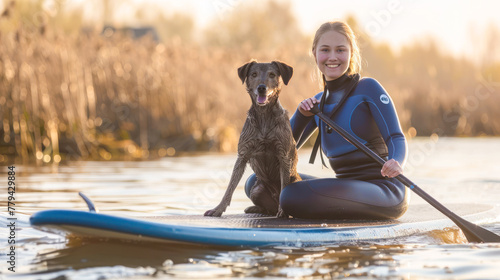 Happy woman in wetsuit floating on a SUP board with a dog. The adventure of the sea with blue water on a surfing. Summer vacation. Woman keeping oar, training her sup boarding skills. photo