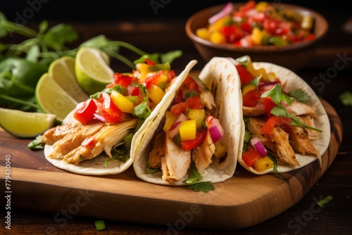 Poke Tacos featuring grilled chicken, roasted bell peppers, corn salsa, and creamy guacamole, served on soft flour tortillas, garnished with chopped scallions and lime wedges