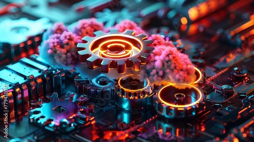 A 3D render of colorful cloud with glowing neon gears