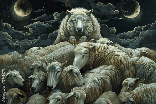 Wolf amongst the sheep conceptual art. People flock like sheep by deception of false leadership and greed of capitalism and success. Herd mentality and manipulation of human nature.