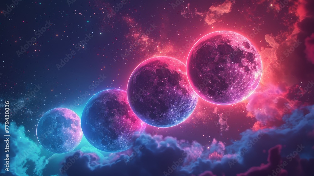A 3D render of glowing neon moons against a background of random color