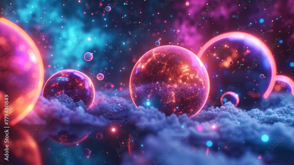 A 3D render of glowing neon planets against a background of random color