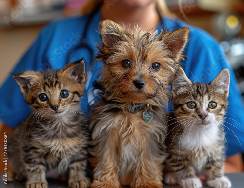 Two kittens and one puppy closeup shot. Created with Ai © Design Dockyard
