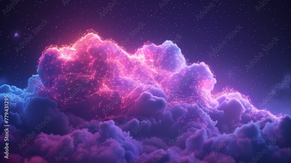A dreamy 3D render of a neon cloud with geometric patterns, against a backdrop of celestial purple A dreamy 3D render of a neon cloud with geometric patterns, against a backdrop of celestial purple