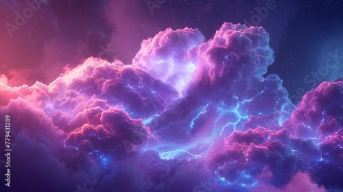 A dreamy 3D render of a neon cloud with geometric patterns, against a backdrop of celestial purple