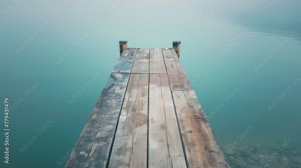 Fototapeta premium Wooden dock stretching out into a calm harbor with a wooden platform background