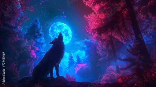 A glowing neon wolf howling at the moon in a mystical forest