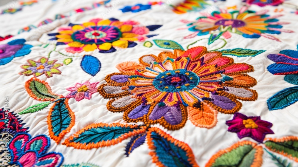 Close-up of a colorful handmade embroidered floral pattern on a white quilt.