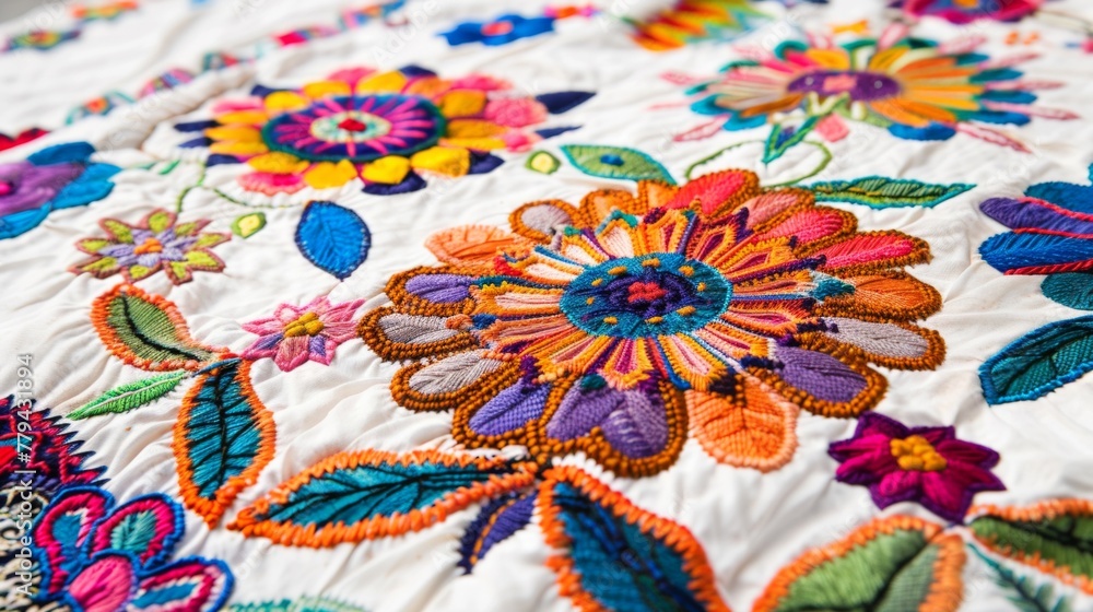 Fototapeta premium Close-up of a colorful handmade embroidered floral pattern on a white quilt.