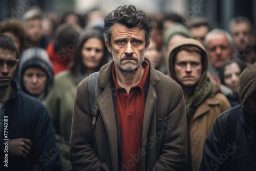 A European man, about 40 years old, standing on the street in a crowd, holding his stomach due to cramps