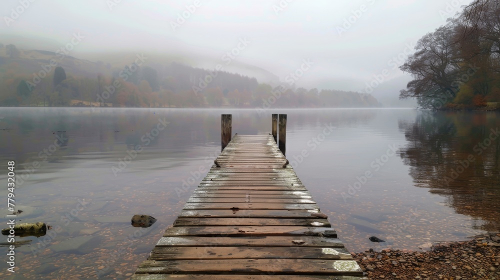 Wooden jetty extending into a mist-covered lake