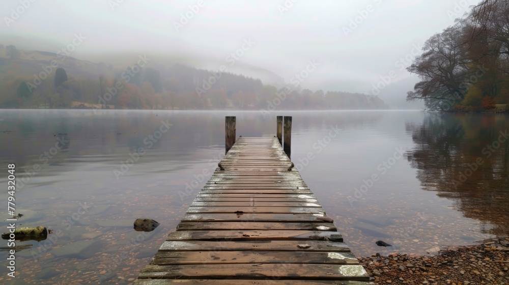 Fototapeta premium Wooden jetty extending into a mist-covered lake