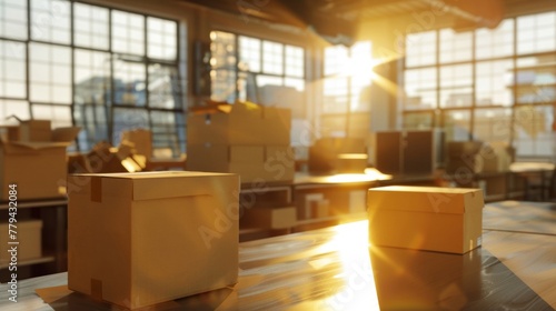 Warm sunlight illuminates a cluttered warehouse filled with stacked cardboard boxes. © tashechka