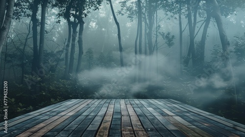 Wooden pathway disappearing into a misty forest with a wooden platform background photo