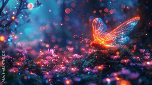 An enchanting neon firefly glowing in a magical forest with a background of mystical colors © MAY