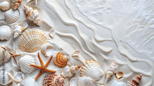 Sea shells and starfish on a sandy beach