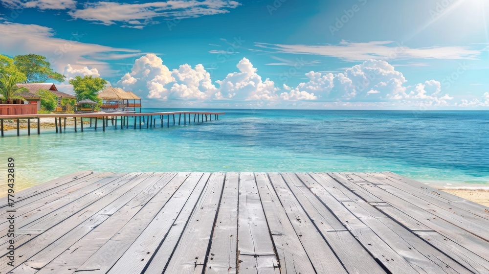 Wooden pier leading to a charming seaside village with a wooden platform background