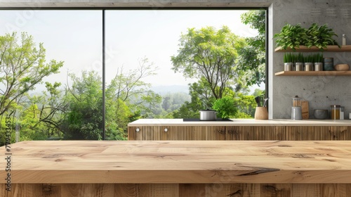 Wooden platform with kitchen background © Photock Agency