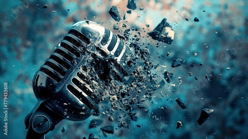 Old microphone surrounded by broken glass