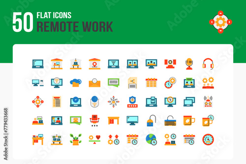 Set of 50 Remote Work icons related to Laptop, Home office, Work from home, Remote location, Webcam Flat Icon collection