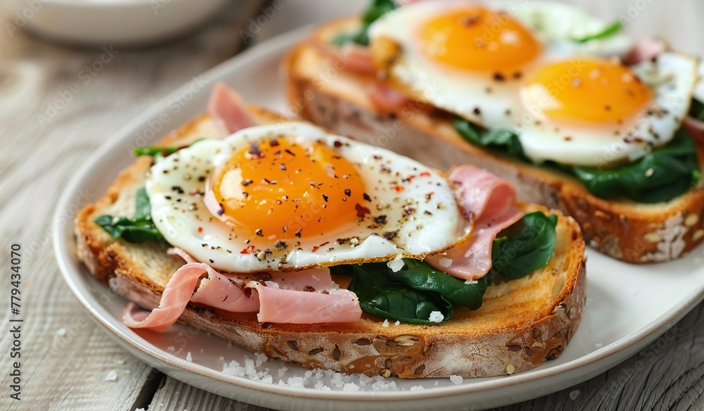 White plate with two eggs and ham White plate with two eggs and ham
