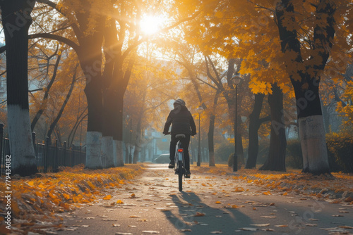 Cyclist Enjoying a Peaceful Ride Down a Sun-Dappled Autumn Path in the Park