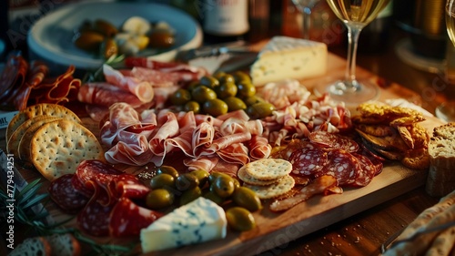 A mouthwatering charcuterie board showcasing an array of cured meats, artisanal cheeses, olives, and gourmet crackers, all arranged with artistic flair and illuminated by perfect lighting.