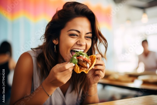Woman s face eagerly anticipating the first bite of a Poke Taco  with eyes locked on the mouth-watering dish  against a soft-focus backdrop