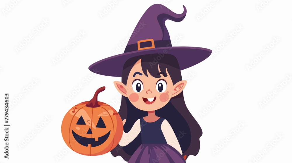 Little girl in a costume of vampire holding a pumpkin