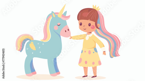 Little girl stroking a unicorn. Cartoon vector 
