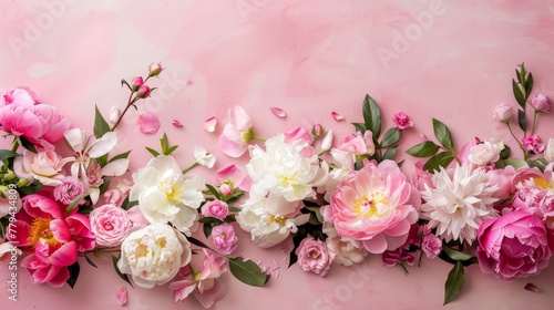 A chic and stylish layout showcasing peonies and roses on a pink backdrop AI generated illustration