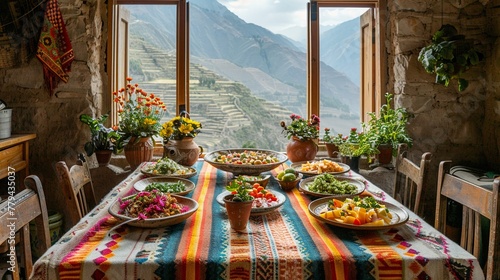 A Peruvian family dining room, with a spread of ceviche, lomo saltado, and aji de gallina on a table adorned with Peruvian textiles, capturing the warmth and tradition of a Peruvian family meal.