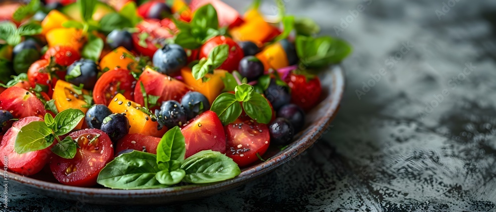 Vibrant Vegetarian Dishes: A Close-Up of Fresh Fruits and Vegetables for Nutrition. Concept Nutrition tips, Vegetarian recipes, Fresh produce, Healthy living, Food photography
