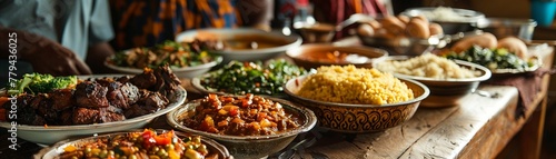 A Kenyan homestead meal scene, with a family gathered around a table filled with dishes of ugali, nyama choma, and sukuma wiki, set against the backdrop of a Kenyan home with traditional decor. photo