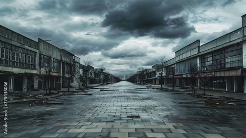 Desolate and Decaying Urban Landscape with Gloomy Skies and Crumbling Buildings photo