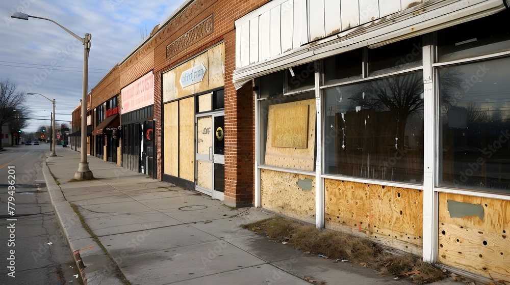 Abandoned and Shuttered Storefronts in a Desolate City Street During Winter