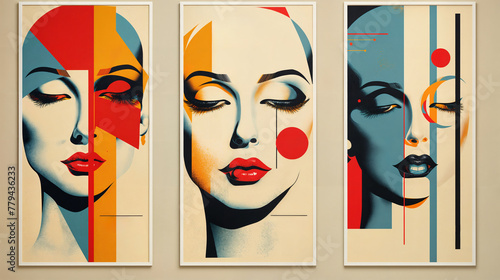 Triptych of Modernist Female Portraits with Geometric Abstraction and Bold Colors