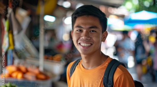 Headshot of smiling Filipino boy on a street market