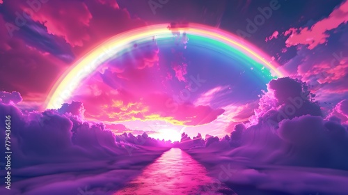 Ethereal Rainbow Sunset Landscape with Serene Ocean Reflection