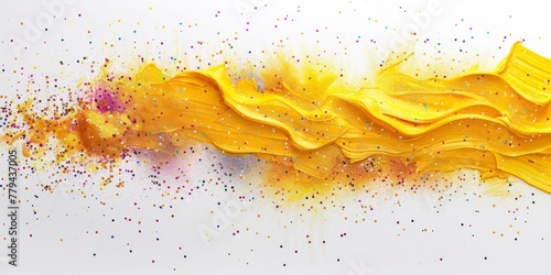 Elegant yellow paint mural with a sprinkling of colorful glitter over a white background.
