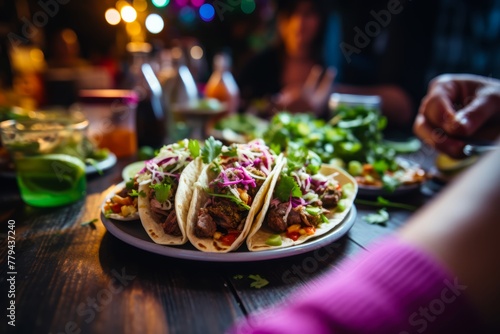 
Candid snapshot of a person's hand reaching for a Poke Taco during a casual meal with friends, capturing the spontaneity and warmth of shared moments, against a relaxed and cozy backdrop