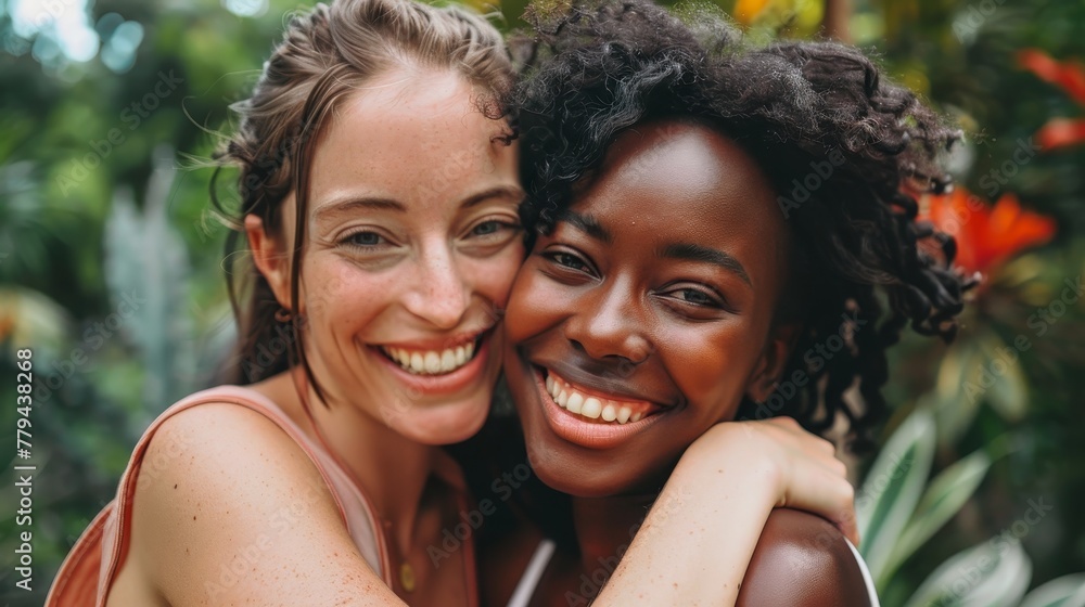 Naklejka premium Two friends embracing each other with smiles AI generated illustration