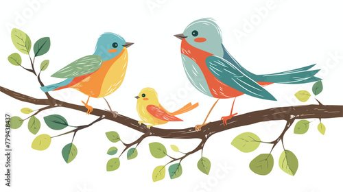 Mother bird with her young on a tree branch flat vector © Rover